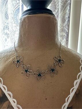 Silver Floral Necklace with Green Accent Centers